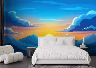 A cheerful sunrise peeks over a whimsical landscape, painting the sky in vibrant hues against fluffy clouds. Wall mural