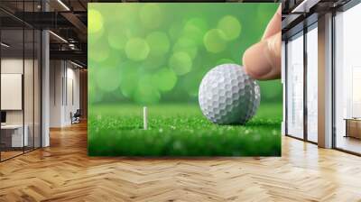 A closeup captures a hand positioning a golf ball on a tee, emphasizing precision on a sunlit green field. Wall mural