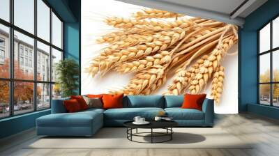 A closeup of ripe ears of wheat against a clean white backdrop, showcasing their golden hues and textured grains. Wall mural