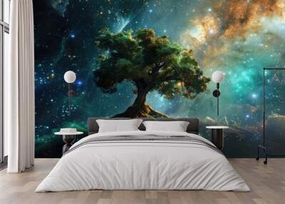 A cosmic nebula gives birth to a colossal tree, intertwining celestial and earthly wonders, Ai Generated. Wall mural