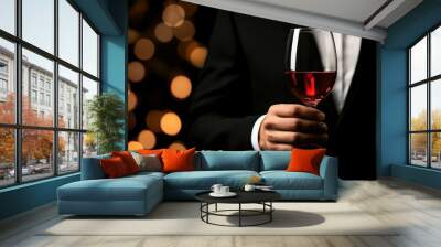 A dapper man in a sleek black suit holds a glass of red wine, exuding charm against a softly blurred backdrop. Wall mural