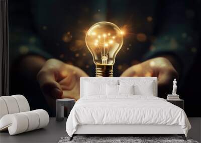 A new bright idea concept depicted by a shining lightbulb cradled in human palms, Ai Generated Wall mural