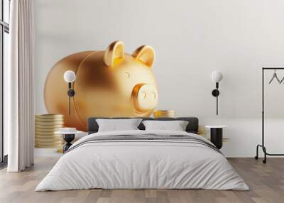 A shiny golden piggy bank surrounded by coins, symbolizing smart savings and financial prosperity on a crisp white backdrop. Wall mural