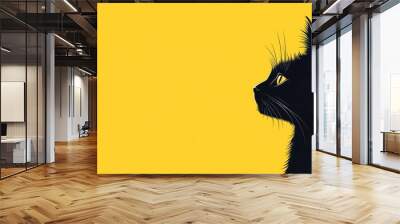 A sleek black cat sits gracefully against a bright yellow backdrop, creating a striking and minimalist illustration. Wall mural