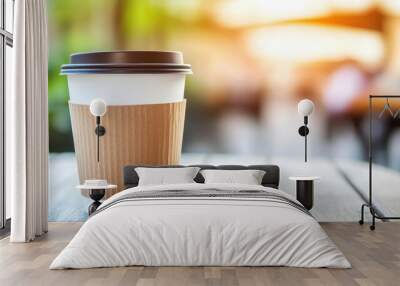 A sleek coffee cup with a brown lid, showcasing a bright white interior, set against a softly blurred backdrop. Wall mural