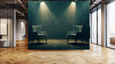 A studio set up for interviews and podcasts, featuring two empty chairs and spotlights in a dark room, Ai Generated Wall mural