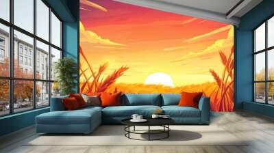 A stunning sunset over a wheat field, showcasing vibrant gold and pink hues in a colorful natural landscape. Wall mural