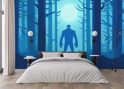 A terrifying humanlike creature lurks in the foggy woods, evoking fear in this Halloween horror scene. Wall mural