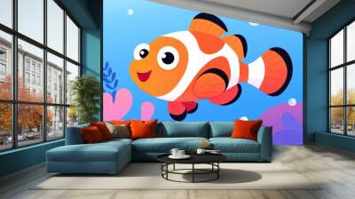 A vibrant cartoonstyle clownfish resting in a clean, simple anemone, showcasing modern minimalist design. Wall mural