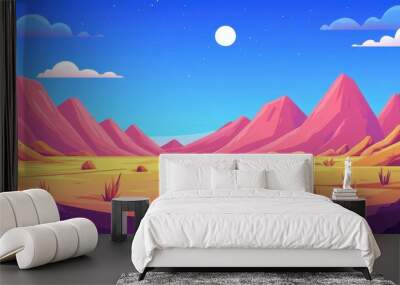 A vivid alien world with tall hills, bright sky, and colorful smoke swirling in the fields beneath a shining moon. Wall mural