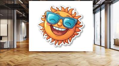 Bright and fun retro sticker of a sun character in shades, embodying a trendy cartoon vibe in modern D style Wall mural