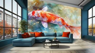 Colorful artwork featuring a vibrant koi fish painted in watercolors. Wall mural