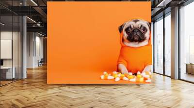 Cute pug dressed as a pumpkin sits on an orange backdrop, surrounded by colorful candy corn for a festive look. Wall mural