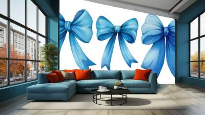 Delicate blue bows beautifully handpainted, elegantly isolated against a crisp white background for a fresh, charming look. Wall mural