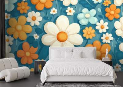 Discover a vibrant s floral pattern, featuring colorful daisies and groovy designs, perfect for any retro project Wall mural