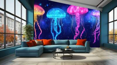 Dive into the deep sea to witness vibrant jellyfish glowing with bioluminescence, creating an underwater fantasy world. Wall mural