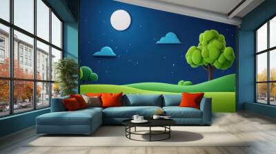 Enchanting fantasy landscape under a glowing full moon, enhanced with vibrant textures and a whimsical cartoon touch. Wall mural