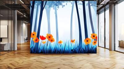 Enchanting watercolor scene of a blue forest, where glowing flowers light up the misty paths in vibrant hues. Wall mural