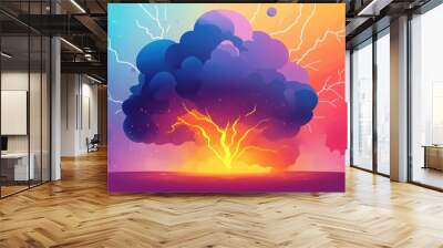 Explore a vibrant flat design showcasing a stormy cloud bursting with dynamic lightning, filled with playful textures. Wall mural