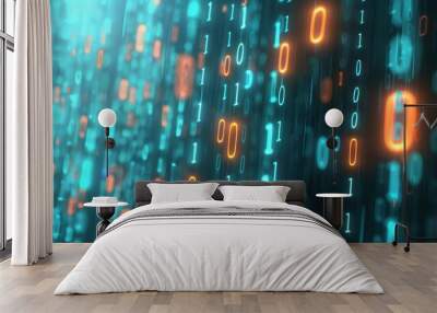 Glowing binary code streams across a dynamic grid, symbolizing the pulse of data in a vibrant digital realm. Wall mural