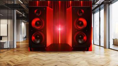 Glowing sound speakers illuminate dark background, creating a creative music ambiance. Audio equipment shines. Ai Generated Wall mural