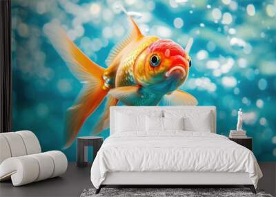 Hilarious underwater scene goldfish in pool plays deep dive action, Ai Generated. Wall mural