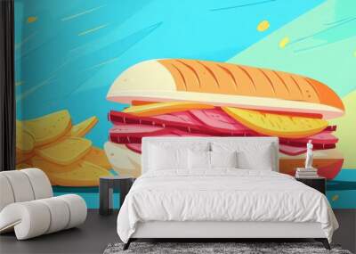 Indulge in a vibrant Cuban sandwich, stacked high with savory meats and cheese,  crispy golden plantain chips. Wall mural