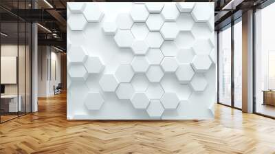 Modern abstract design showcasing glowing hexagonal shapes on a sleek white background for a techinspired aesthetic. Wall mural