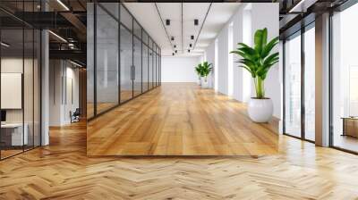 Modern meeting room designed with bright wood, concrete, and glass, featuring natural light and stylish furnishings for productivity. Wall mural