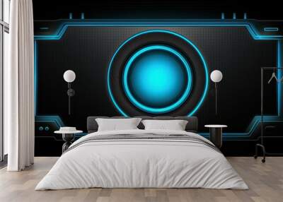 Mysterious dark metallic background with a vibrant blue glowing light in the center. Wall mural