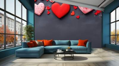 Red heart cookies on a textured table, a closeup of homemade love, Ai Generated. Wall mural