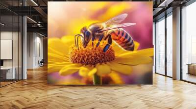 Stunning macro shot of a bee near a bright yellow flower, revealing intricate details of natures pollination process. Wall mural