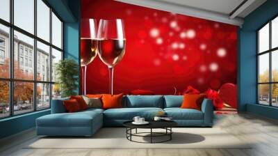 Two champagne glasses and red roses on a red hearts background for Valentine's Day. Ai Generated Wall mural