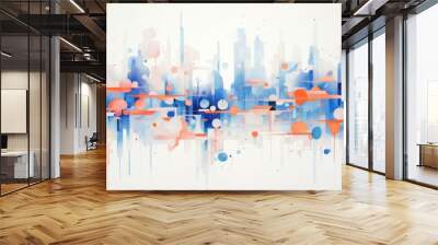 Vibrant abstract watercolor of futuristic city skyline with flying airplanes in oranges, blues and whites. Wall mural