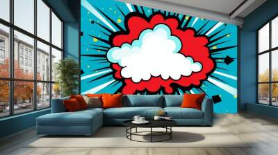 Vibrant and dynamic comicstyle explosion cloud in classic pop art tradition on a retro blue background. Wall mural