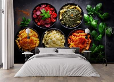 Vibrant bowls of fusilli pasta topped with fresh basil and tomato sauce on a rustic dark background. Wall mural