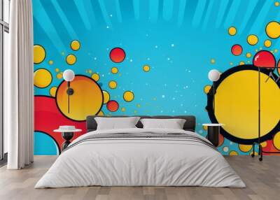 Vibrant comicinspired artwork of a colorful sun against a blue background with bold lines and bright colors. Wall mural