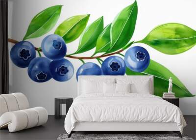 Vibrant watercolor of blueberry leaves and branches with ripe berries, perfect for elegant wedding invites and stationery decor. Wall mural