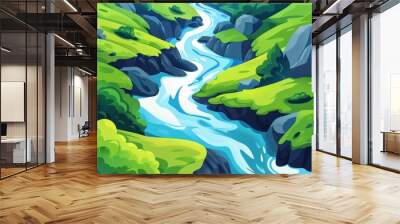 Witness the beauty of river erosion shaping the land, adorned by vibrant green flora in this stunning illustration. Wall mural