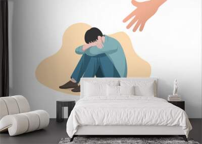 Human hand helps a sad young man. Mental health help for people under depression, vector illustration Wall mural