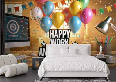 Festive Work Anniversary Celebration with Balloons and Confetti Wall mural