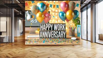 Happy Work Anniversary Celebration in Office Setting Wall mural