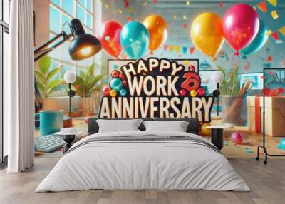 Office Celebration with Happy Work Anniversary Sign Wall mural