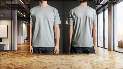 A man wears a plain gray t-shirt, front and back, for a t-shirt design mock up Wall mural