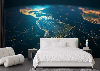 Abstract digital map of South America, concept of global network and connectivity, data world transfer and cyber technology, information exchange and telecommunication Wall mural