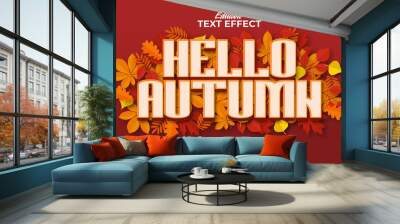 Editable text style effect - autumn text with maple leaves illustration Wall mural