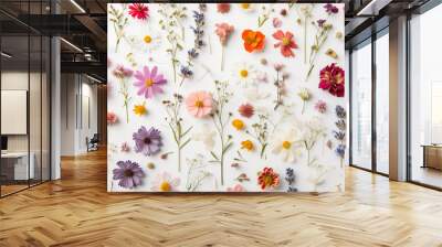 A variety of wildflowers are scattered on a white background. Flower composition. pressed dried flowers of wild plants


 Wall mural