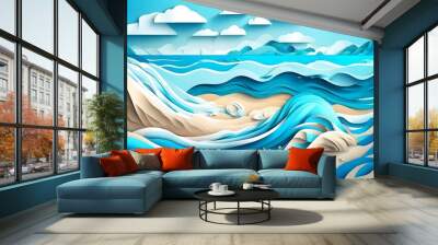 Abstract blue sea and beach summer background with paper waves and seacoast for banner, invitation, poster or web site design. Paper cut style, 3d effect imitation, space for text, vector illustration Wall mural