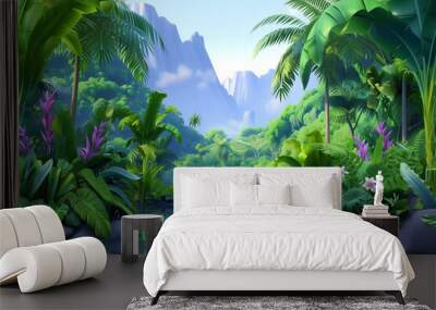 Cartoon 3d tropical jungle landscape with water and mountains.


 Wall mural