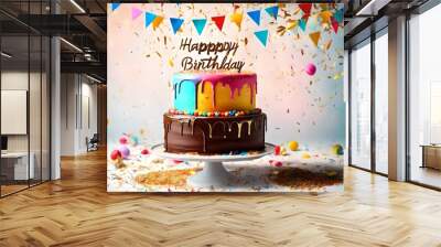 Colorful birthday cake with golden happy birthday banner and falling sprinkles Wall mural